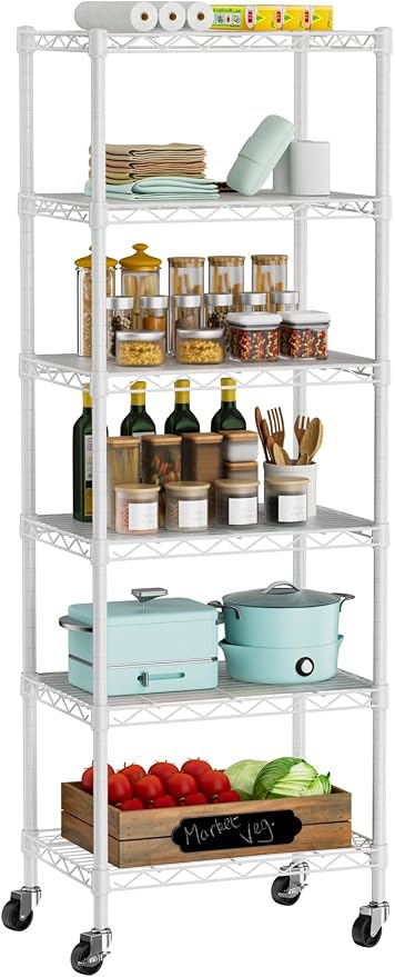 Golpart Small Shelves Storage Wire Metal Adjustable Shelf Unit with Wheels | 6 tier Shelving Organizers Storage Shelving for Bathroom Laundry Room Kitchen Pantry 11.7”D x 17.7”W x 61.6”H White