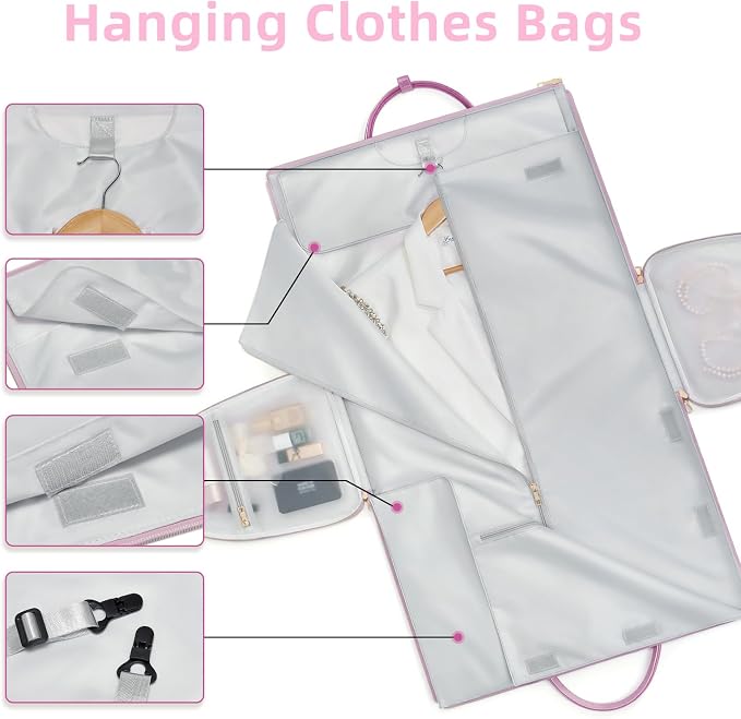 Garment Bags for Travel, 2-in-1 Convertible Travel Garment Duffle Bag for Women, Foldable Carry On Garment Bag with Shoe Compartment & Toiletry Pocket, PU Leather Weekender Bag, Pink-White