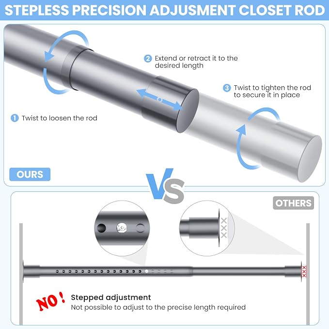 4 Pack Closet Rods for Hanging Clothes, 17 to 54 Inches No-Cut Stepless Adjustable Closet Rod, 1.3 Inches Expandable Metal Heavy Duty Closet Hanging Rod for Closet Wardrobe Bathroom, Silver