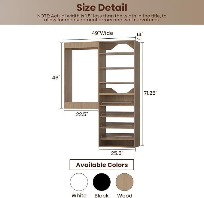 ROOMTEC Modular Closet System, 49" Wall Mounted Closet Organizer with Hanging Rods and Shoe Shelf, Wooden Tower for Walk-In Closets, Wardrobe Storage Kit, Wood