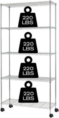 HCY 5-Tier Shelving Unit Storage Shelves with Wheels Heavy Duty Metal Storage Rack NSF Height Adjustable for Laundry Bathroom Kitchen Garage Pantry Organization -60"x30"x14"(Chrome)