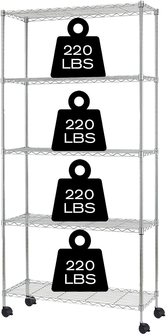 HCY 5-Tier Shelving Unit Storage Shelves with Wheels Heavy Duty Metal Storage Rack NSF Height Adjustable for Laundry Bathroom Kitchen Garage Pantry Organization -60"x30"x14"(Chrome)
