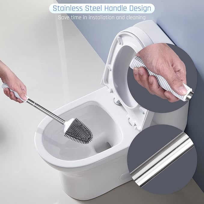 Sellemer Silicone Toilet Brush, Ventilation Slots Base Holder 1 Pack, White | Flexible Bristles Flat Head for Rim, Hair Tangle-Free, Easy to Clean, Compact Design, Rustproof Handle, for Toilet/Sink/Tub