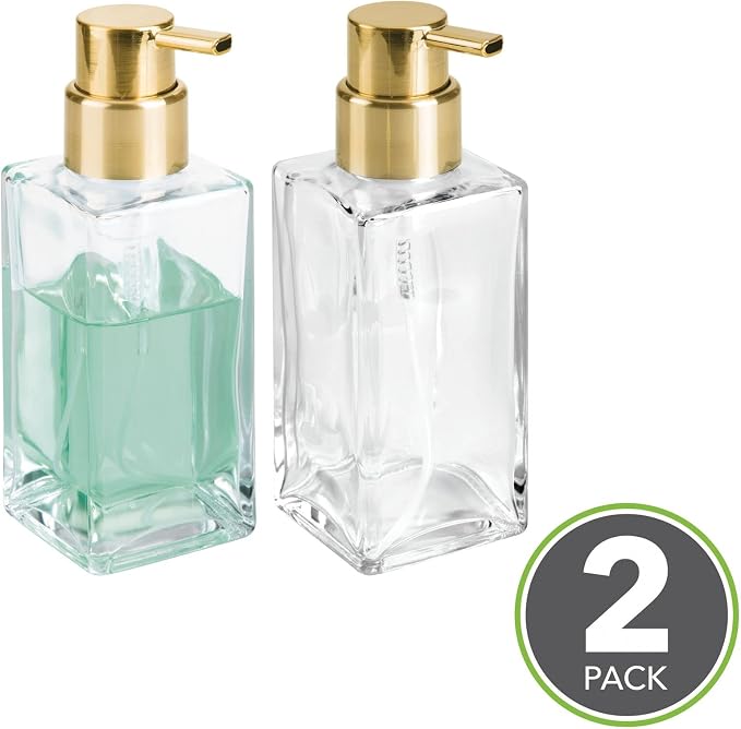 mDesign Glass Refillable Foaming Hand Soap Dispenser Modern Square Pump Bottle for Bathroom Vanities or Kitchen Sink, Countertops - 2 Pack - Clear/Soft Brass