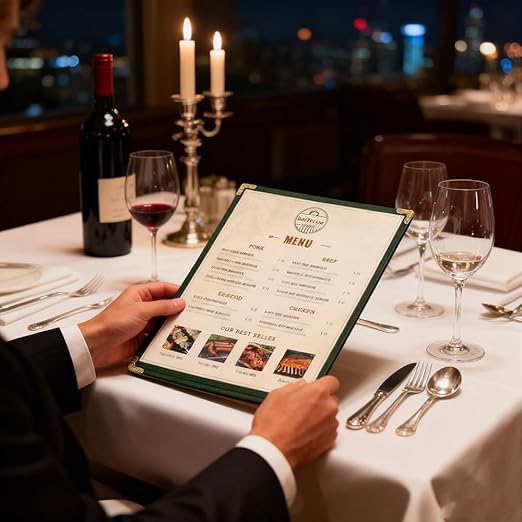 Goodsmart Restaurant Menu Covers – 25 Pack Green 2-View, Top-Loading Menu Holders, Vinyl & Plastic Café Menu Covers, Clear Menu Sleeves, Fits 8.5" x 14", Leather-Style Design, Gold Corners