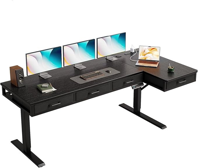 OffiGo 63 Inch L Shaped Electric Standing Desk with 4 Drawers, Black | Reversible Corner Table, Office Desk With 4 Drawers and Outlets For Home Office, Computer Workstation And Sit Stand Use