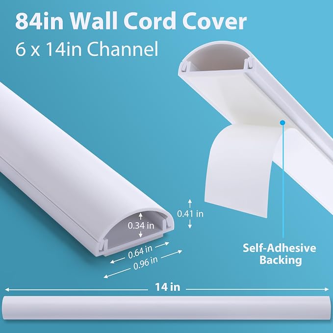 ZhiYo 85in Cord Covers for 1-2 Wires on Wall, D-Shaped 1" W x 0.4" H, White | Curved Design, Low-Profile Cord Hider, Self-Adhesive Cable Management Raceway for Wall-Mounted TV Wires, 6 Pack (14.2" Each)