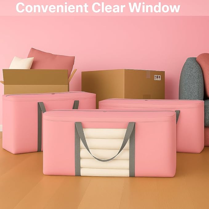 CIVJET 6 Pack Extra Large Moving Bags 90L with Clear Window, Heavy Duty Storage Totes with Zippers & Handles, College Packing Bags for Clothes, Boxes, Camping & Moving Supplies, Pink