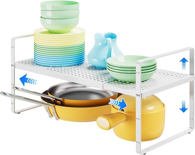 Expandable Cabinet Shelf Organizers, Kitchen Small Stand Rack Organization for Countertop Cupborad Pantry Desktop Spice Rack, White 1 Pack