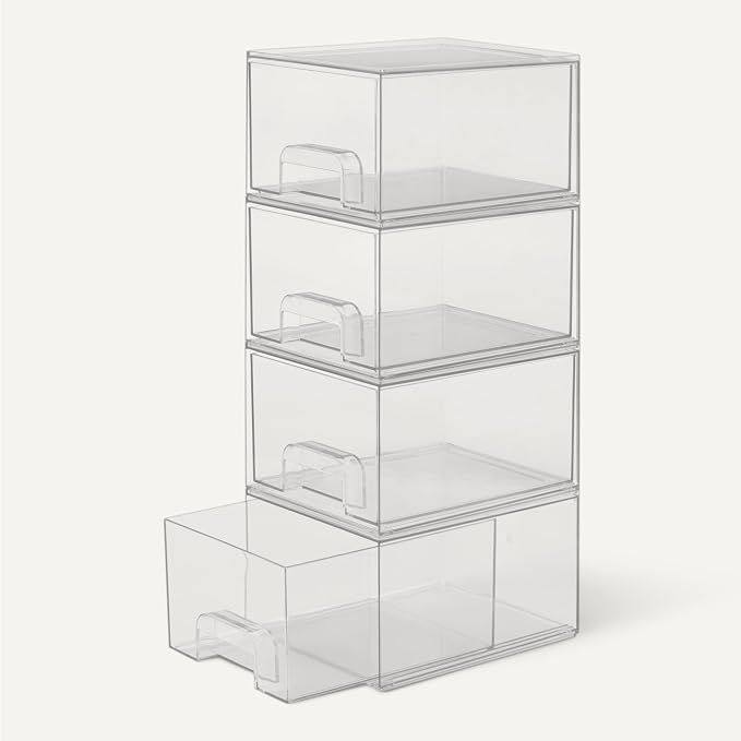 Amazon Basics Stackable Plastic Storage Makeup Organizer Drawers, Clear, 7.5" x 6" x 4.5", 4-Pack