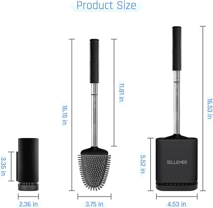 Sellemer Silicone Toilet Brush, Ventilation Slots Base Holder 3 Pack, Black | Flexible Bristles Flat Head for Rim, Hair Tangle-Free, Easy to Clean, Compact Design, Rustproof Handle, for Toilet/Sink/Tub