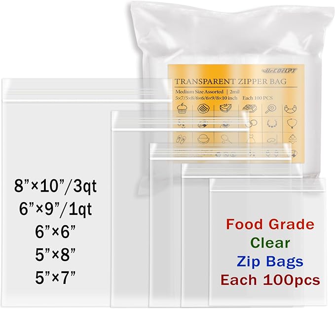 5 Various Medium Size Zip Bags Bulk, each 100x, 2mil Thick Food Grade Reclosable Baggies for Storage
