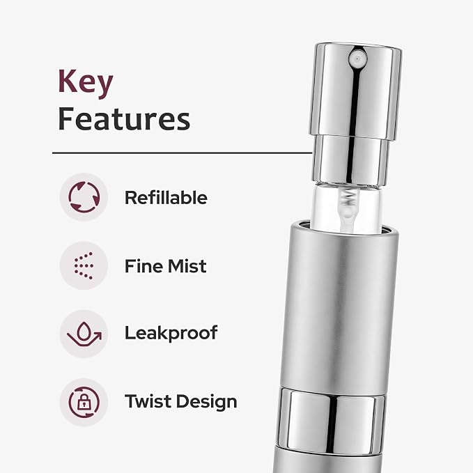 LISAPACK 8ML Atomizer Perfume Spray Bottle for Travel (3 PCS) Empty Cologne Dispenser, Portable Sprayer (Silver)
