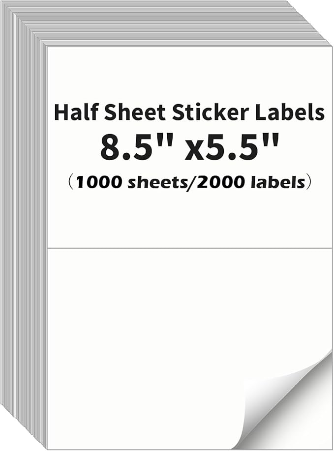 Half Sheet Labels, 2 per Sheet, 1000 Sheets, 2000 Labels, 8.5" x 5.5" Shipping Label Paper, Address Sticker Laser & Inkjet Printer Label Stickers, 5 1/2" x 8 1/2" Half Sheet Label