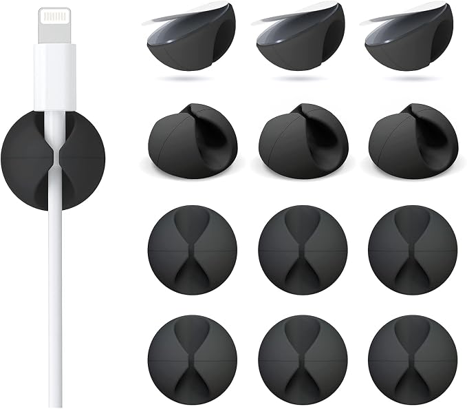 12 Pack Cable Clips, Znben Cord Organizer Holder Adhesive Cable Management Charger Wire Holder Clips for Desk, Home, Office, Car, Cubicle, Nightstand Black