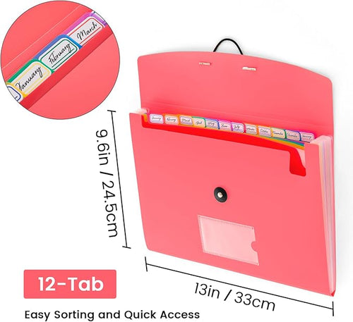 13 Pocket Accordion File Organizer with Elastic Closure, Expanding File Folder for Letter Size A4 Papers, Ideal for Home, Office Supplies, College Essentials - Pink