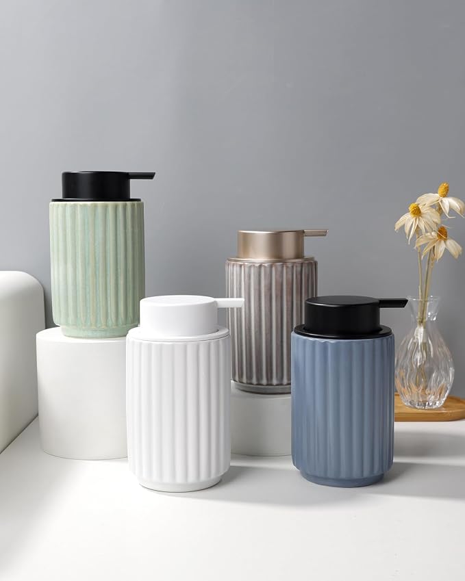 Soap Dispenser, Liquid Ceramic Refillable Hand Soap Pump for Bathroom Kitchen, 10.5OZ Lotion Dispenser Dish Soap Dispenser, Gray Blue, Modern Stripe Design, ANTIS'S HOME
