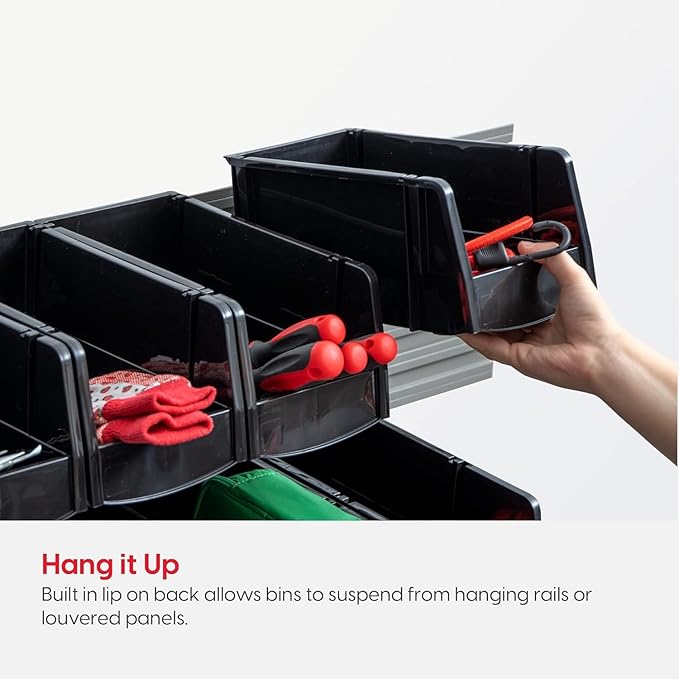 IRIS USA Stackable Storage Bins Open Front, 6 Pack, Plastic Hanging Organizer Caddy Basket for Hardware Crafts, Small Parts, Nuts and Bolts, Garage Tool Storage, Jumbo, Black