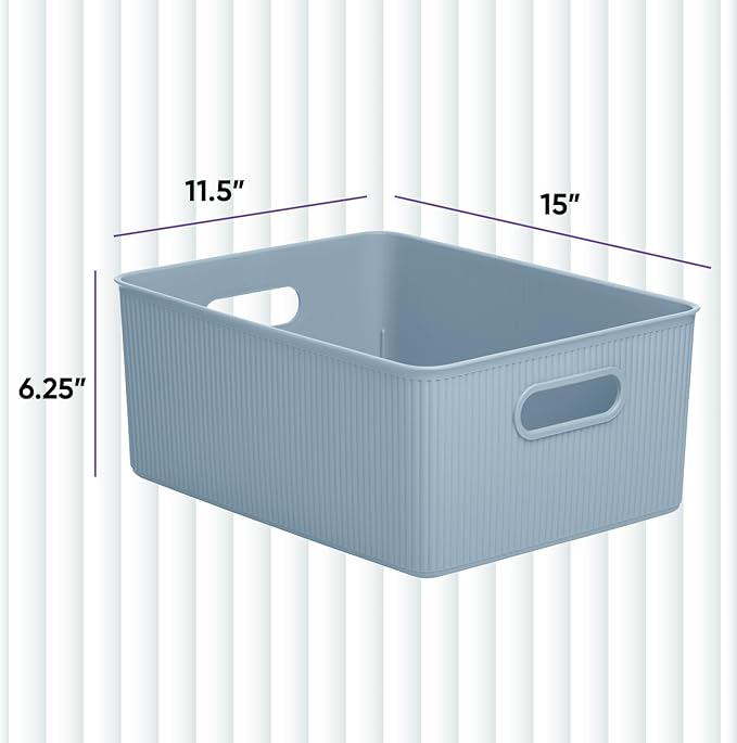 Superio Ribbed Collection - Decorative Plastic Basket Open Home Storage Bins Organizer, Large Blue (6 Pack) Container Boxes for Organizing Closet Storage Bins for Shelves 15 Liter/16 Quart