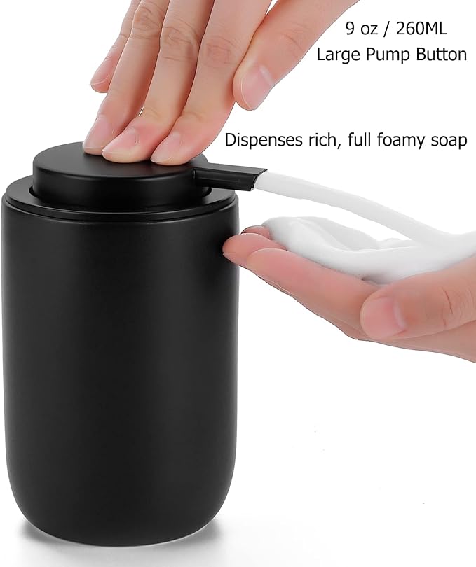 Foaming Soap Dispenser Thick Ceramic Foam Hand Soap Dispenser for Bathroom or Kitchen Sink, Liquid Pump Bottles for Hand soap, Body Wash, 2 Pack Black