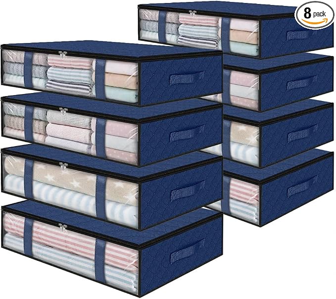 StorageRight Under Bed Storage Bags 8 Pack, 40L Large Clothes & Comforter Storage Containers with Clear Window, Breathable Fabric Organizer for Blankets, Bedding, Seasonal Clothing, Blue