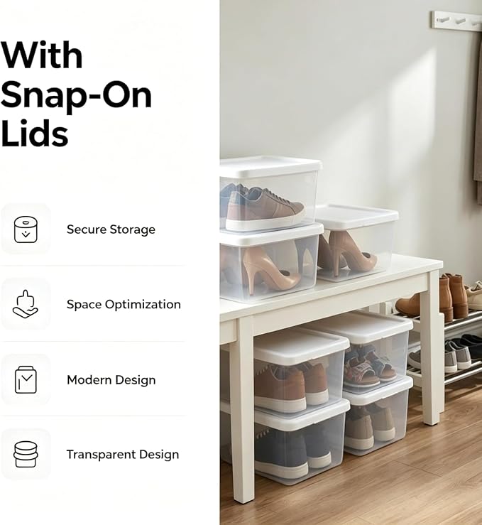 Storage Bins with Lids, 10 Pack 6 Qt Clear Plastic Storage Boxes with Snap On Handles, Stackable Shoe Organizer Containers for Home, Closet, Bedroom, Craft and Toy, White