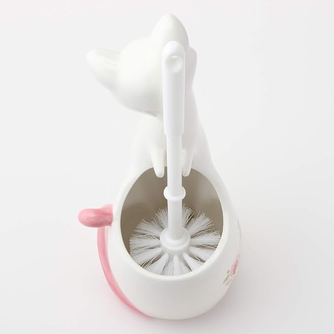 Sunart SAN1708 Cute Miscellaneous Goods Lovely Pottery Cat Toilet Brush Stand with Toilet Brush 5.1 inches (13 cm) Width Pink