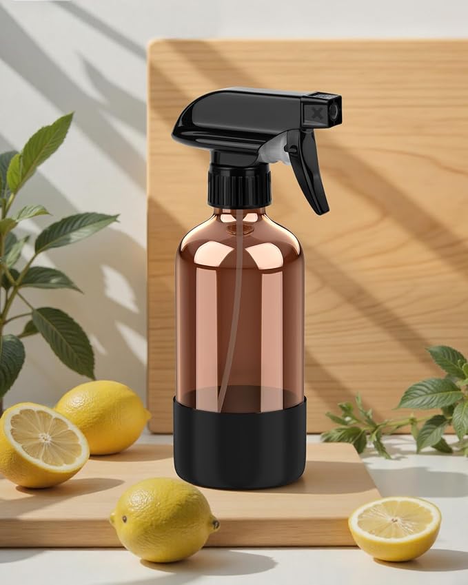 Bontip Amber Glass Spray Bottle with Silicone Sleeve Protection, 8 oz Refillable Spray Bottles for Cleaning Solutions, Plants, Aromatherapy, Facial Hydration (1, Black, 8 oz)