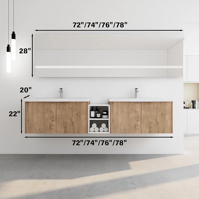 76IN Bathroom Vanity with Double Sink, Modern Solid Wood Floating Bathroom Sink Cabinet, Anti-Fog Mirror, Smart Storage Solutions, Waterproof Design, Open Shelving for Easy Access