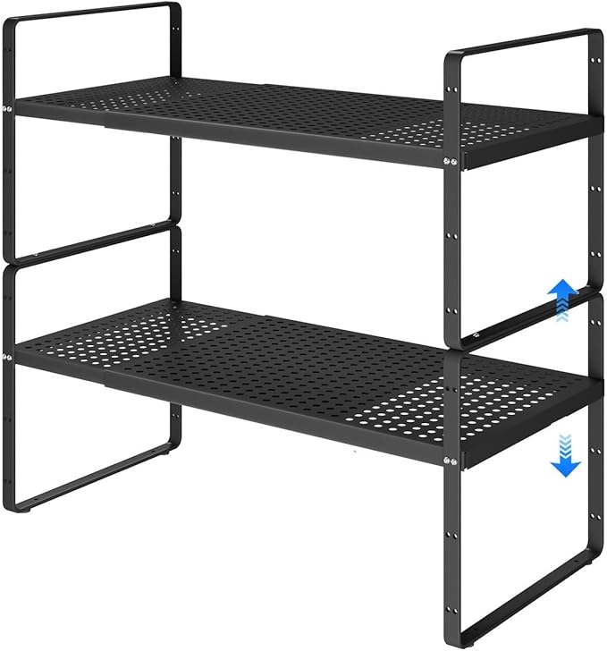 Expandable Cabinet Shelf Organizers, Kitchen Small Stand Rack Organization for Countertop Cupborad Pantry Desktop Spice Rack, Black 2 Pack