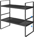 Expandable Cabinet Shelf Organizers, Kitchen Small Stand Rack Organization for Countertop Cupborad Pantry Desktop Spice Rack, Black 2 Pack