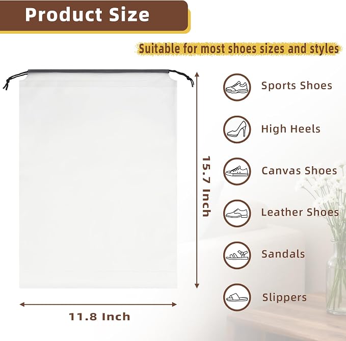 100 Pack Frosted Shoe Bags for Travel, 11.8" x 15.7" Travel Shoe Bags for Storage and Packing, Waterproof Drawstring Shoe Bag for Traveling, Bulk Travel Essentials for Men and Women