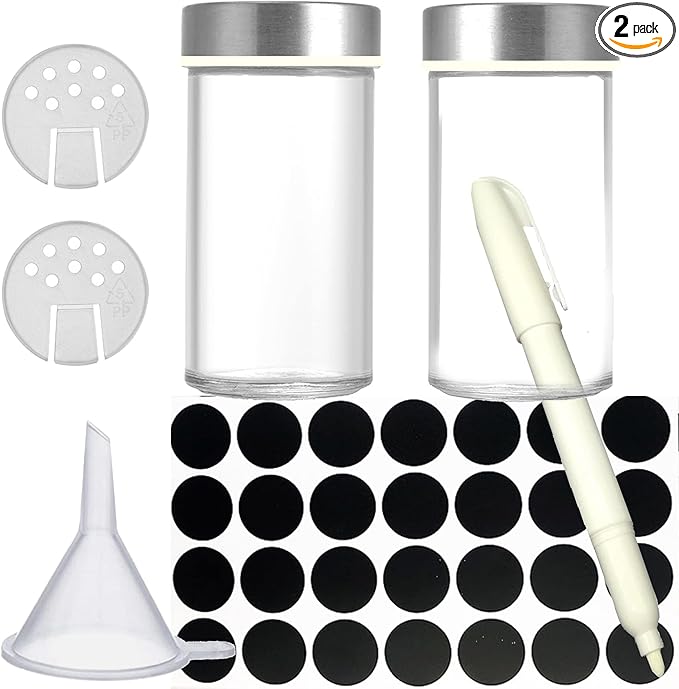 2-Pack Glass Spice Jars Set, With Spice Labels, Chalk Marker, Funnel, Shaker Lids and Airtight Metal Caps Included, 4oz Empty Spice Bottles, Square/Cylinder (Cylinder)