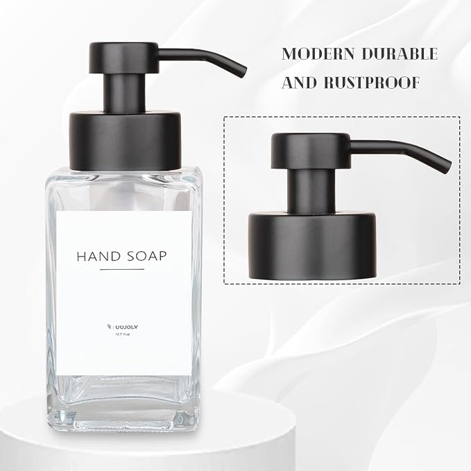 Foaming Soap Dispenser with Stainless Steel Pump, 12oz Refillable Glass Liquid Dish Soap Bottles for Bathroom, Kitchen Sink, Home Decor