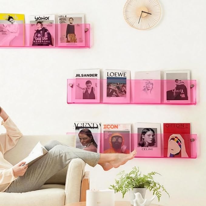 ROYALITA 2-Pack Acrylic Magazine Holder Brochure Holder, Pink 36 Inch | Record Magazine Rack, Fashion Floating Bookshelf, Literature Storage Rack for Waiting Room, Living Room, Office