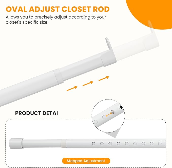 Oval Closet Rod for Hanging Clothes Adjustable Closet Rods 18 to 87 Inch Heavy Duty White Poles Bar Closet Rod Expandable for Wardrobes Laundry RV