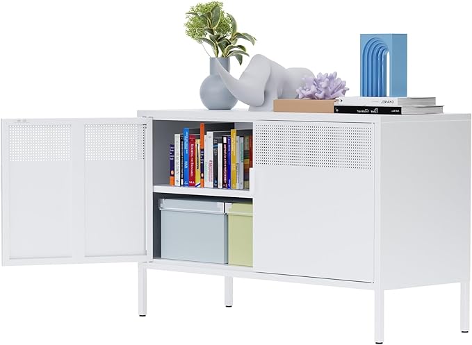 Ustamio White Metal Locker Storage Cabinet with Adjustable Shelf, Low Metal Storage Cabinet for Home Office, 2 Door Small Decorative Metal Locker Tv Stand Cabinet