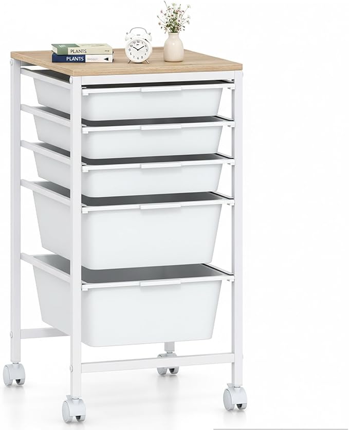LDAILY Rolling Cart with Drawers, 5 Drawer Rolling Storage Cart with Wooden Tabletop, Metal Frame & Lockable Wheels, Craft Organizers and Storage for Home Office Classroom (White, 5 Drawer)