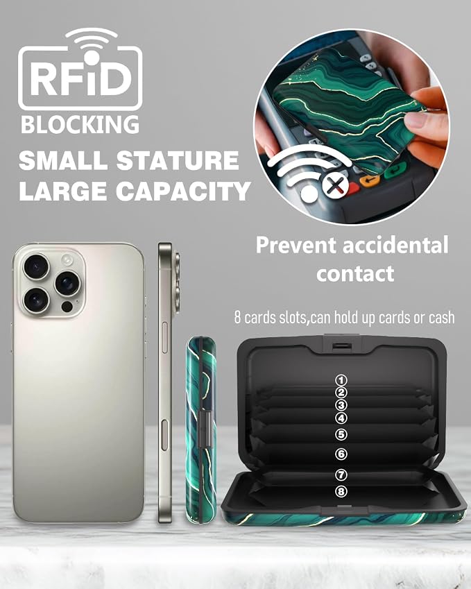 Maicican Credit Card Holder, Mini RFID Blocking Aluminum Wallet | Slim Metal Hard Case Travel Wallet ID Case for Women and Men, 4.3 x 2.9 Inches, Green Marble