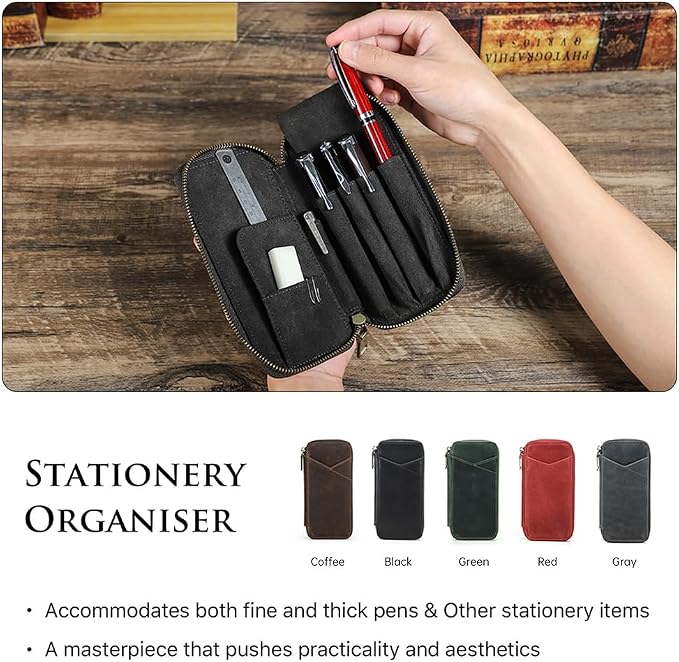 CONTACTS Full Grain Leather Pencil Case Handmade Vintage Zipper Pen Holder Pouch with Card Slot Pens Organizer Pockets Stationery Bag for Men and Women (Grey)