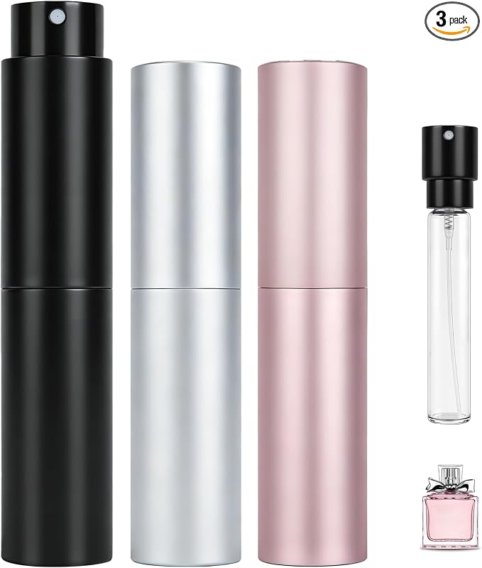 Travel Perfume Bottle Refillable, 3 Pack 8ml Portable Atomizer Perfume Spray Bottles Mini Empty Travel Size Perfume Refill Cologne Sprayer for Travel Outgoing (Black, Sliver, Pink)