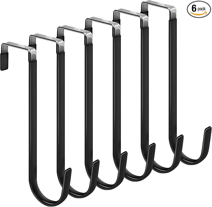 FYY Over the Door Hooks, Single-Hanger 6 Pack, Fits Doors 1.6" Black | Heavy Duty Metal, Hold 20lbs, Rubber-Coated, No-Drilling, for Bathroom Dorm, Hanging Towels Clothes Hats Bags Coats Wreaths