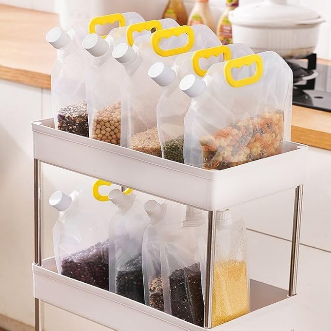 5pcsFood Storage Bags, Grain Moisture-proof Sealed Bag,Stand Up Food Bags Large Reusable Sealed Bag with Handle and Cap BPA Free