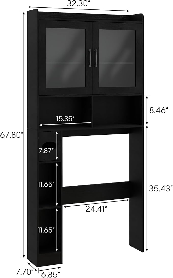 Vabches Over-The-Toilet Storage Cabinet, Farmhouse Style with 2 Acrylic Waves Doors, Space-Saving Home Storage Rack for Restroom, Bathroom and Laundry Room.Black.