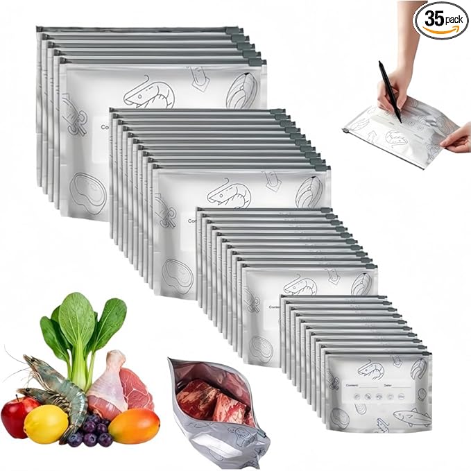 35PCS (4 Sizes) Thick Reusable Aluminum Foil Sealable Storage Bags,Stand Up Foil Sealable Bags with Label Zip Lock for Fruits Vegetables Meat Resealable Zipper Pouches for Food (S*10+M*10+L*10+XL*5)