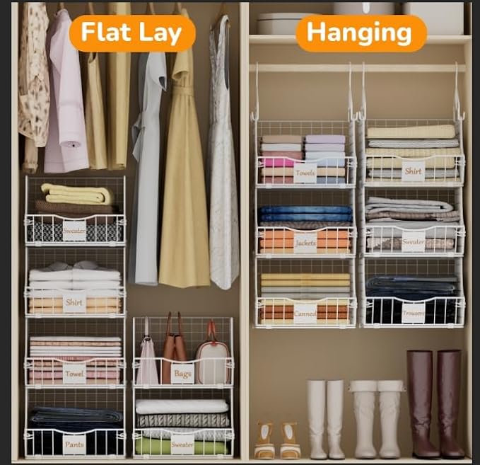 Hanging Closet Organizers and Storage, 5 Tier Closet Shelf Clothes Organizer with 2 S-Hooks, Multi-Functional Iron Wire Baskets, for Clothing, Sweaters, Handbags, Hat, Canned