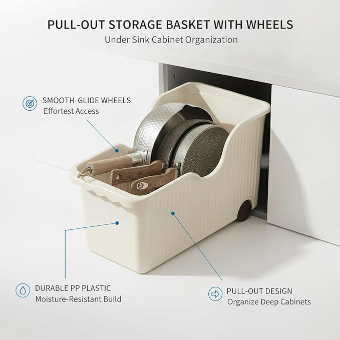 Pull-Out Storage Basket with Wheels, White PP Plastic Sliding Bin for Under Sink Cabinet Organization, Kitchen Pantry and Bathroom (1 PC)