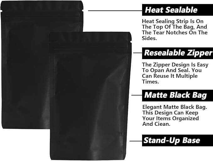 100PCS Smell Proof Resealable Pouch Bags,ULIFESTAR Aluminum Foil Flat Food Storage Bag,Sealable Pcsaging Zipper Pouches with Tear Notches for Pcsaging Lipgloss,Jewelry,etc(10*15cm/3.94*5.91",Black)