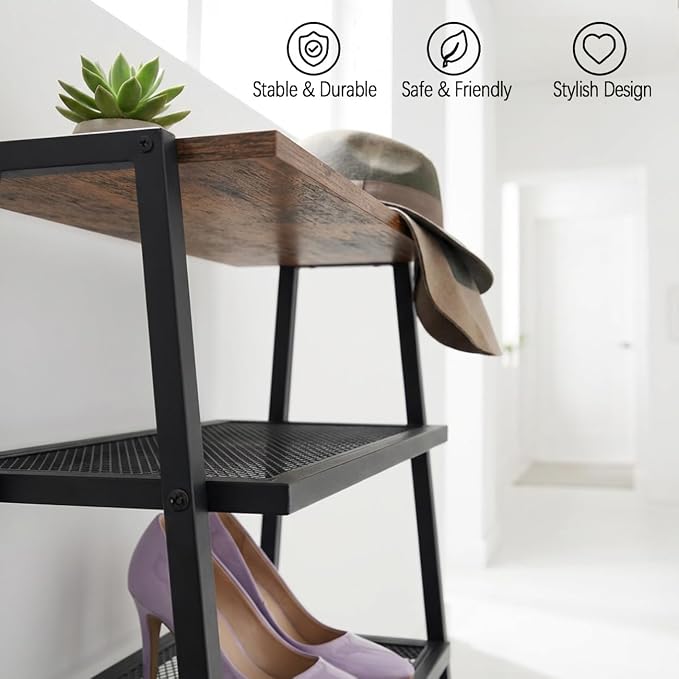 A-Shaped Shoe Rack for Entryway, 5-Tier Shoe Storage Organizer | Wooden Top, Mesh Shelves, Space-Saving Shoe Shelf, Free Standing, 31.97"H, Holds 10 Pairs, for Bedroom, Closet, Rustic Brown