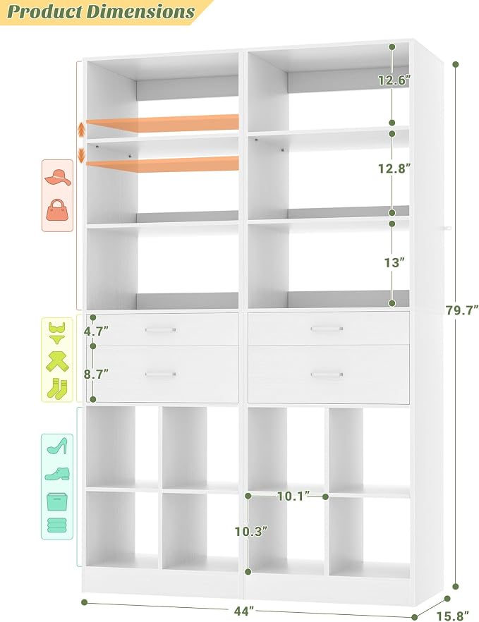 44" Storage Unit with Drawers and Shelves, White